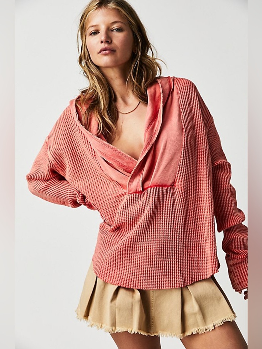 Free People One Axel Hoodie Coral Waffles Knit Oversized EUC Small S - Picture 1 of 8